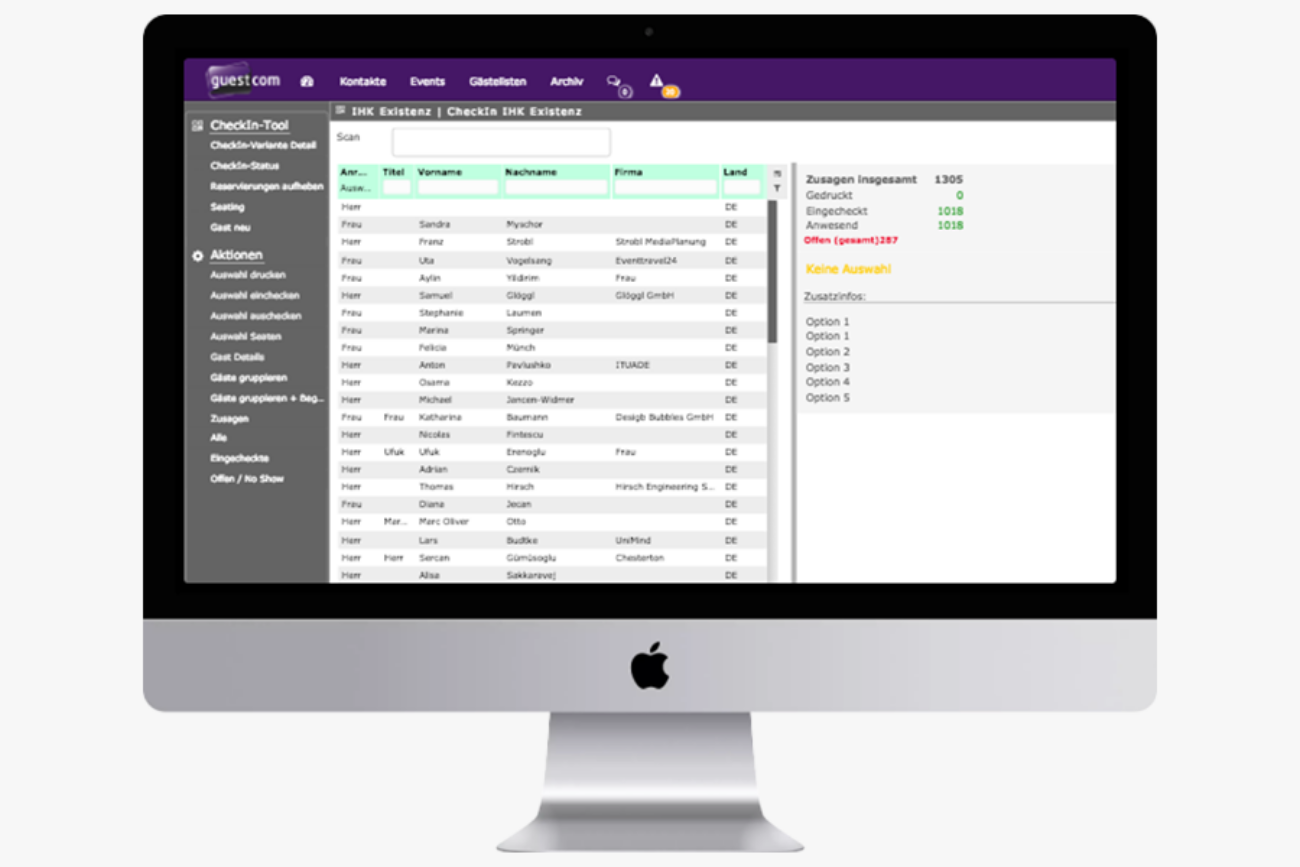 Desktop-Screen von der guestcom Check-In-Ansicht
