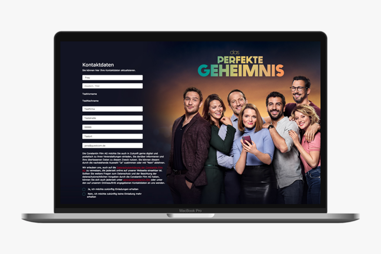 Desktop-Screen vom der Anmeldeseite zur Constantin Film Premiere Das perfekte Geheimnis