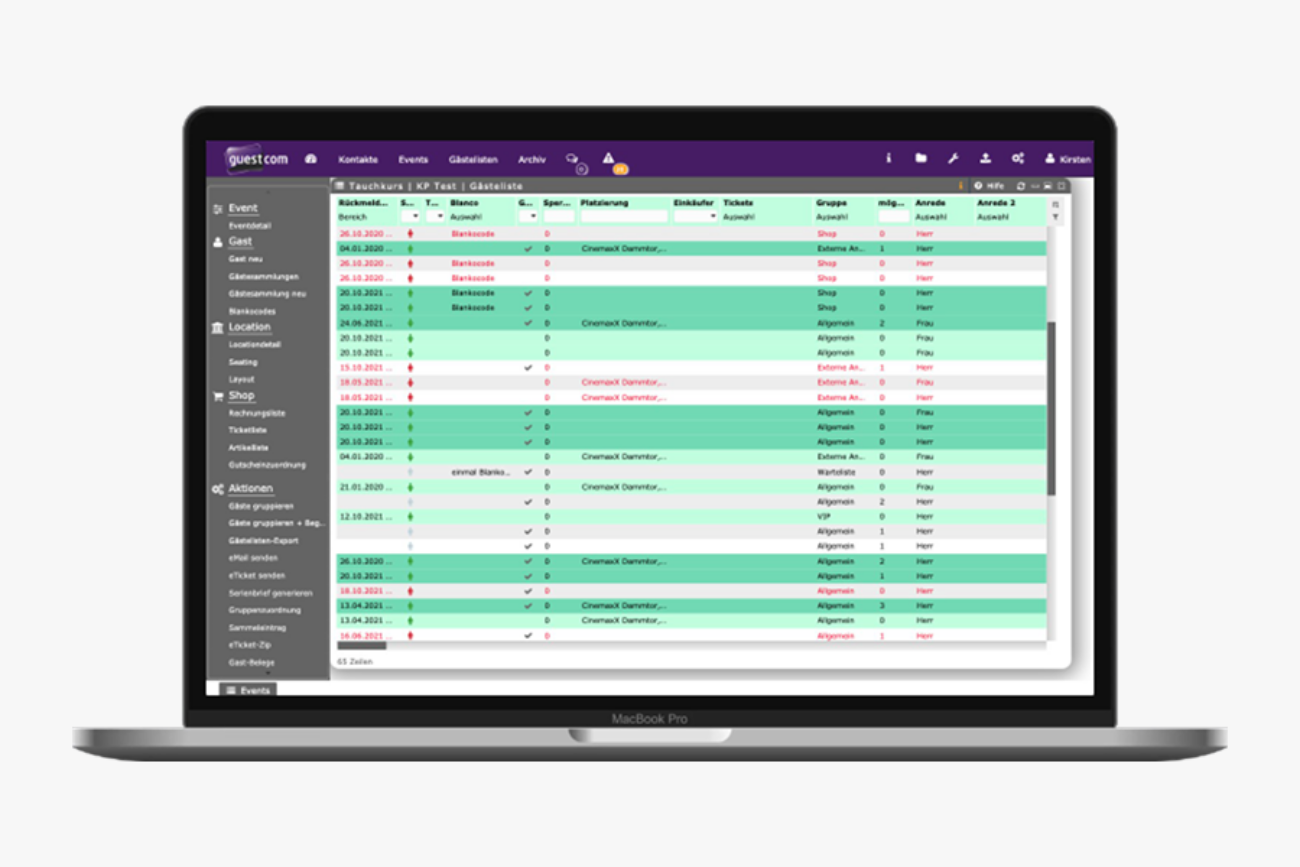 Desktop-Screen von der guestcom Gästelisten-Ansicht