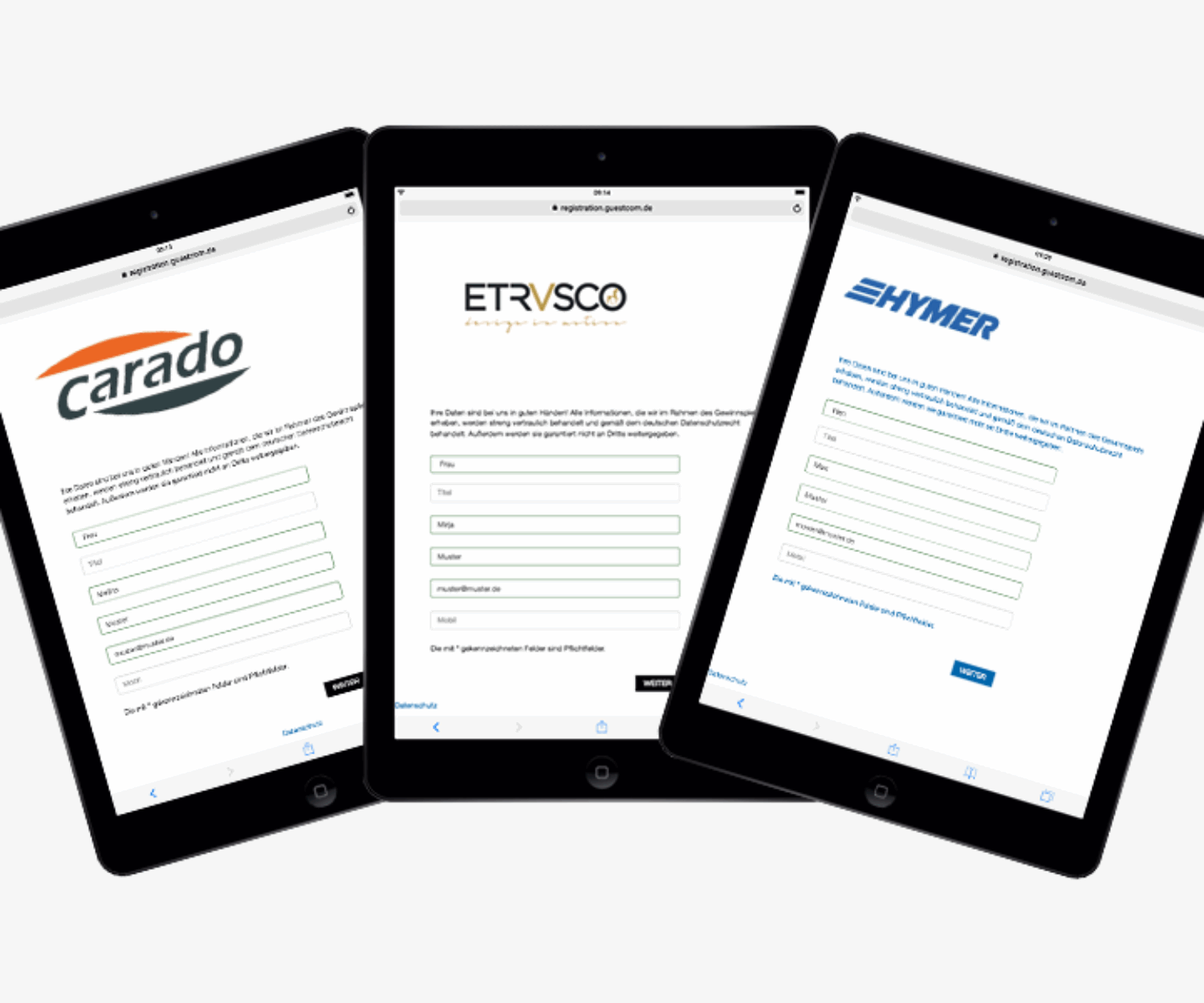 Device-Screens von der Gewinnspielteilnahme der Hymer Group im Rahmen einer Produktbefragung auf der Messe