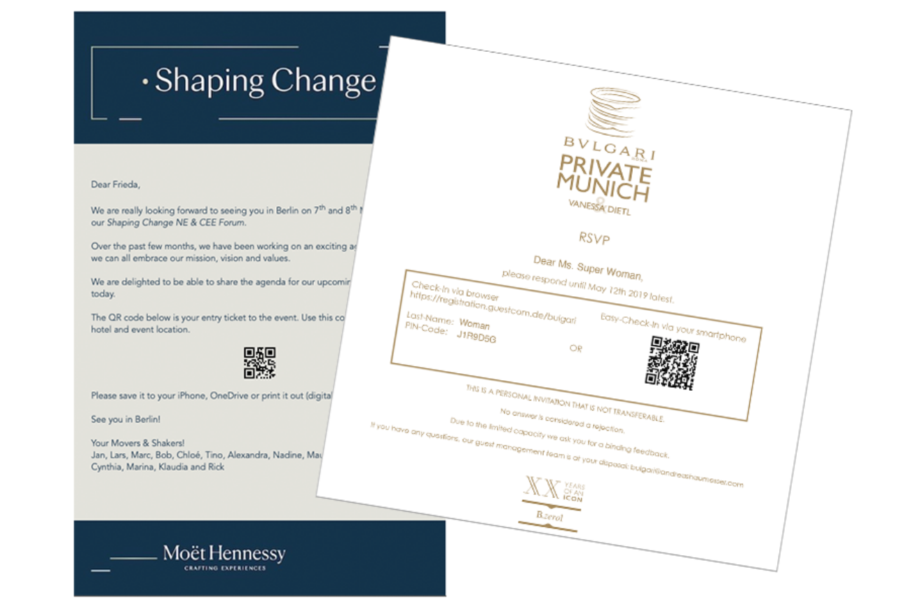 guestcom Beispiele für postalische Einladung (Bulgari) und digitale Bestätigungsmail (Moet Hennessy)