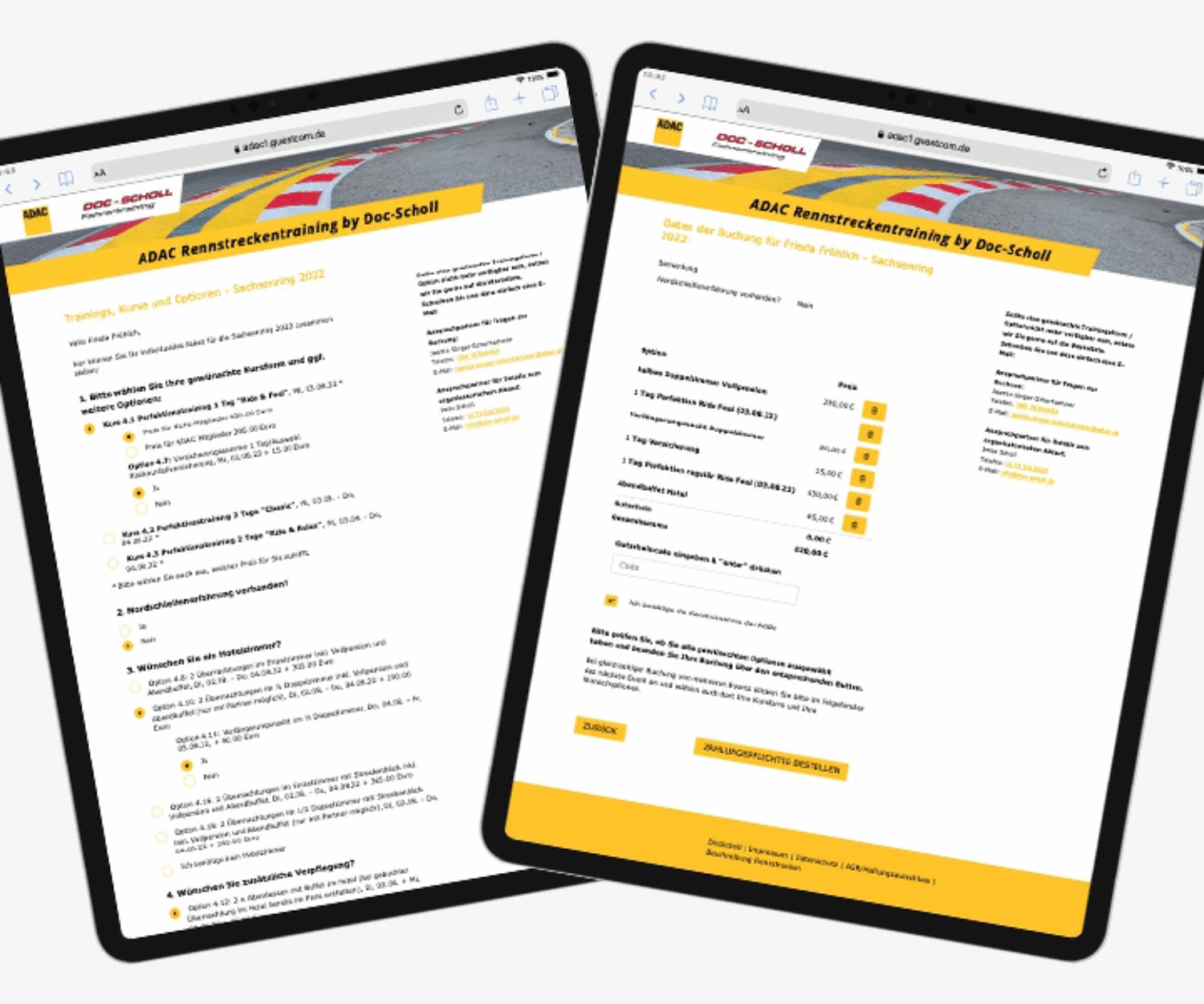 Device-Screen von der Teilnehmerbuchung mit Shop-Funktion zum Rennstreckentraining von ADAC