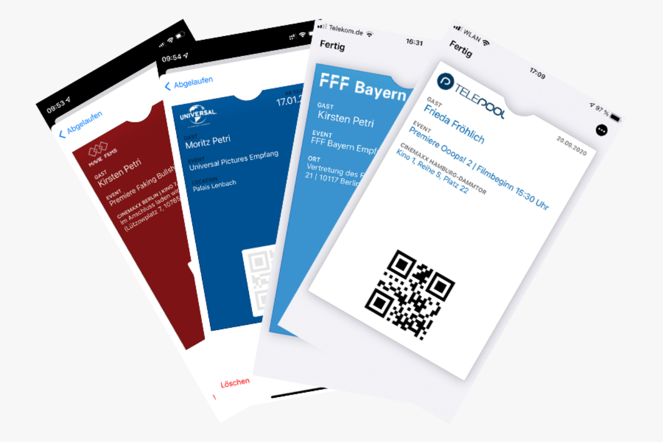 ePasses der gustcom toolbox für Wallet (Universal Pictures, FFF Bayern, Telepool)