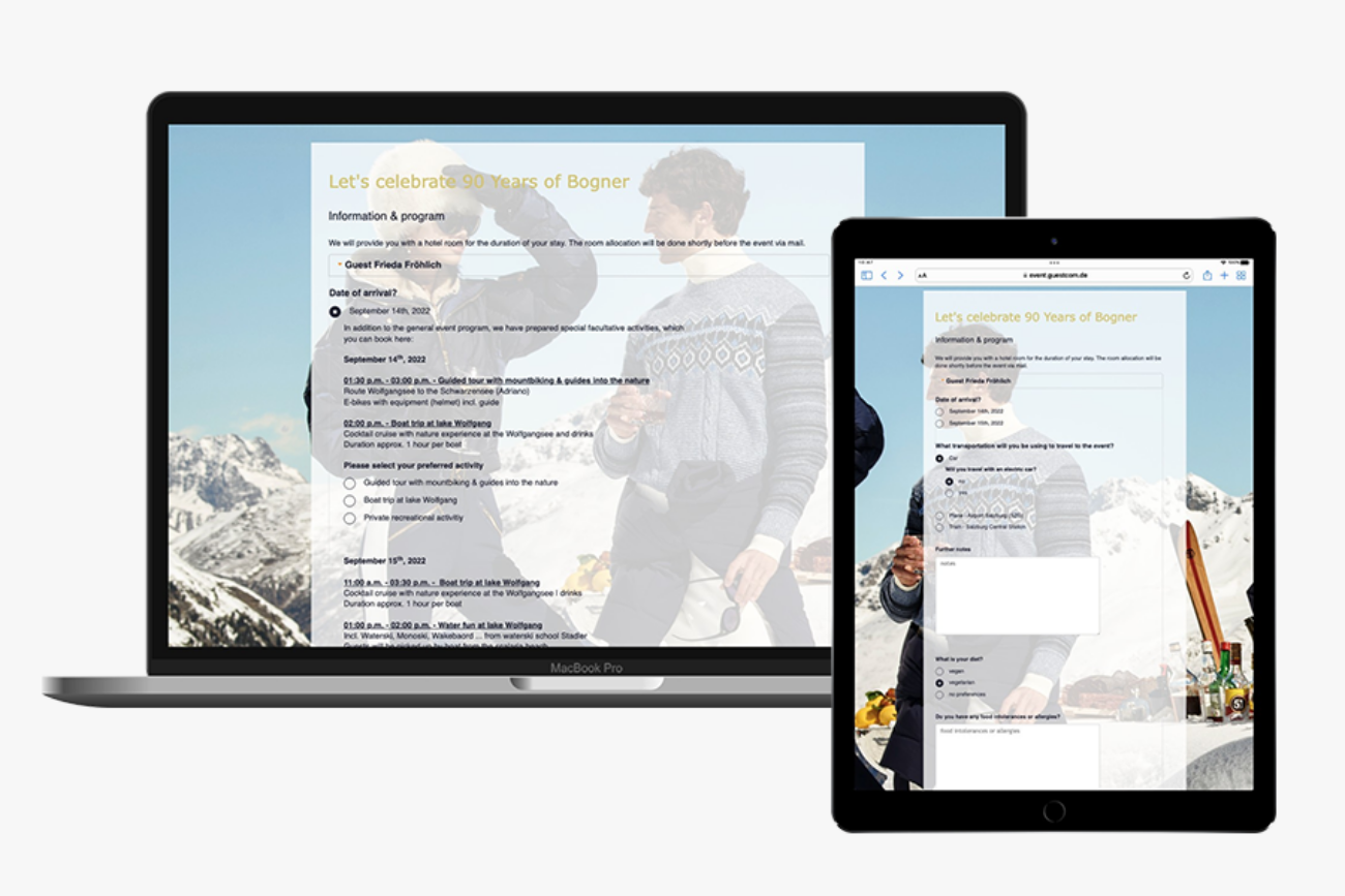 Device-Screens von der Anmeldung zum 90-jährigen Jubiläum von Bogner
