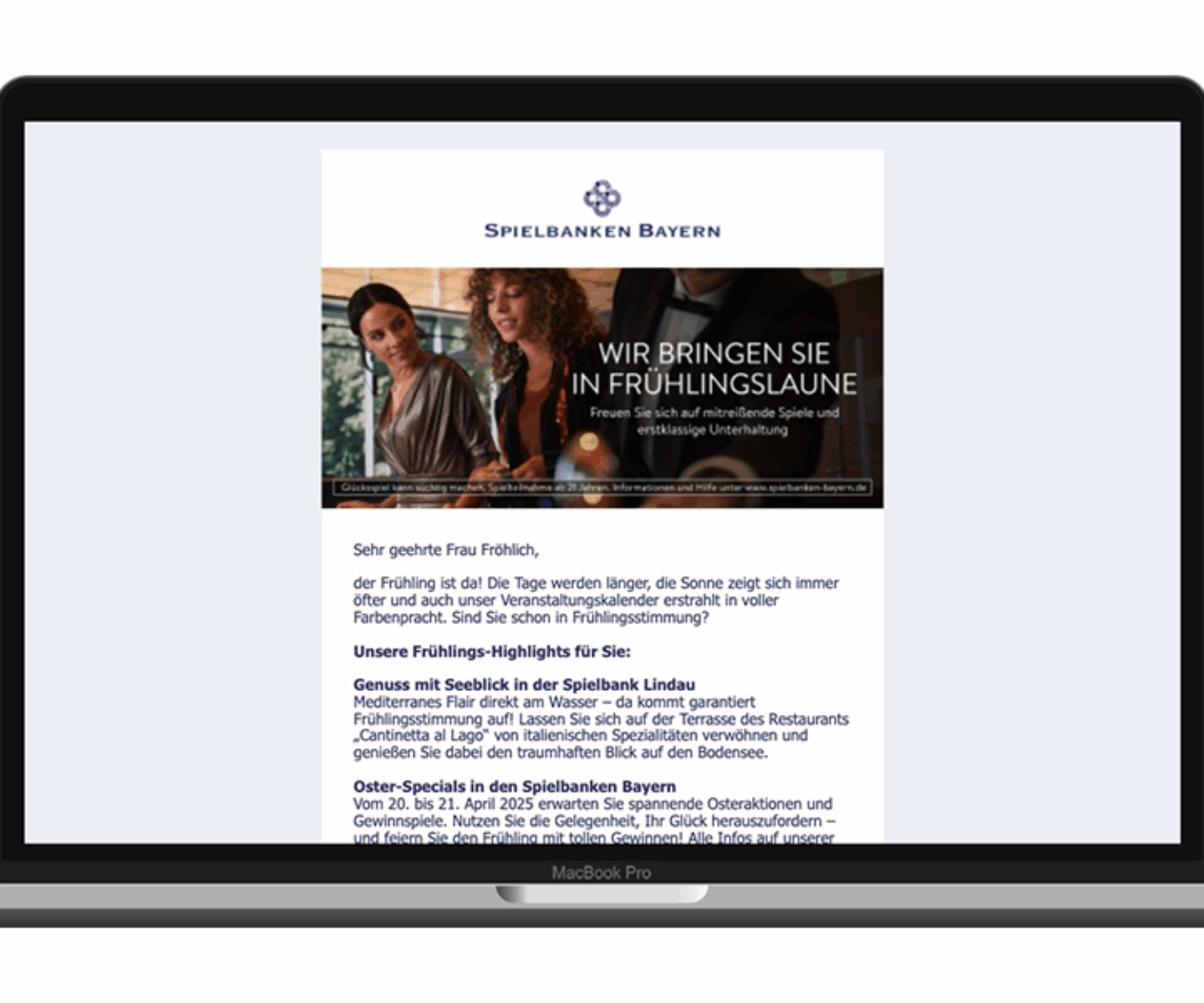 Device-Screen vom Newsletter der Spielbanken Bayern